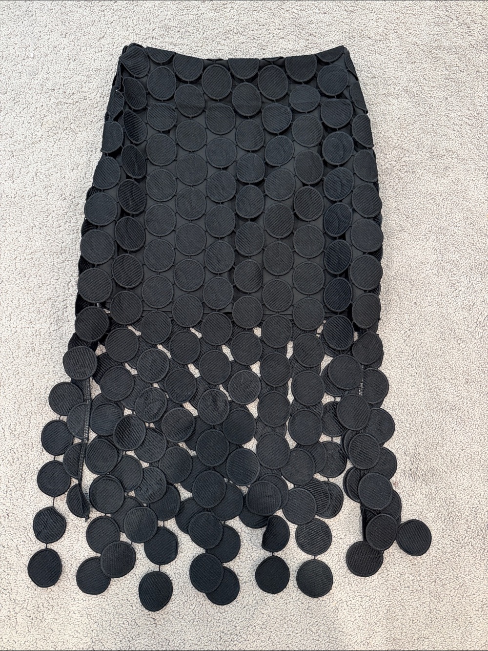 Commense Black Asymmetrical Circle-Appliqué Fringe Skirt